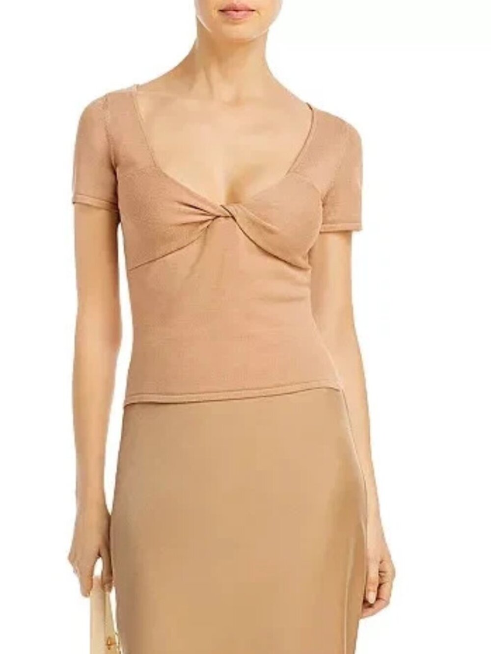 AQUA Twist Front Sweetheart Neck Short Sleeve Knit Top Camel Tan Size S